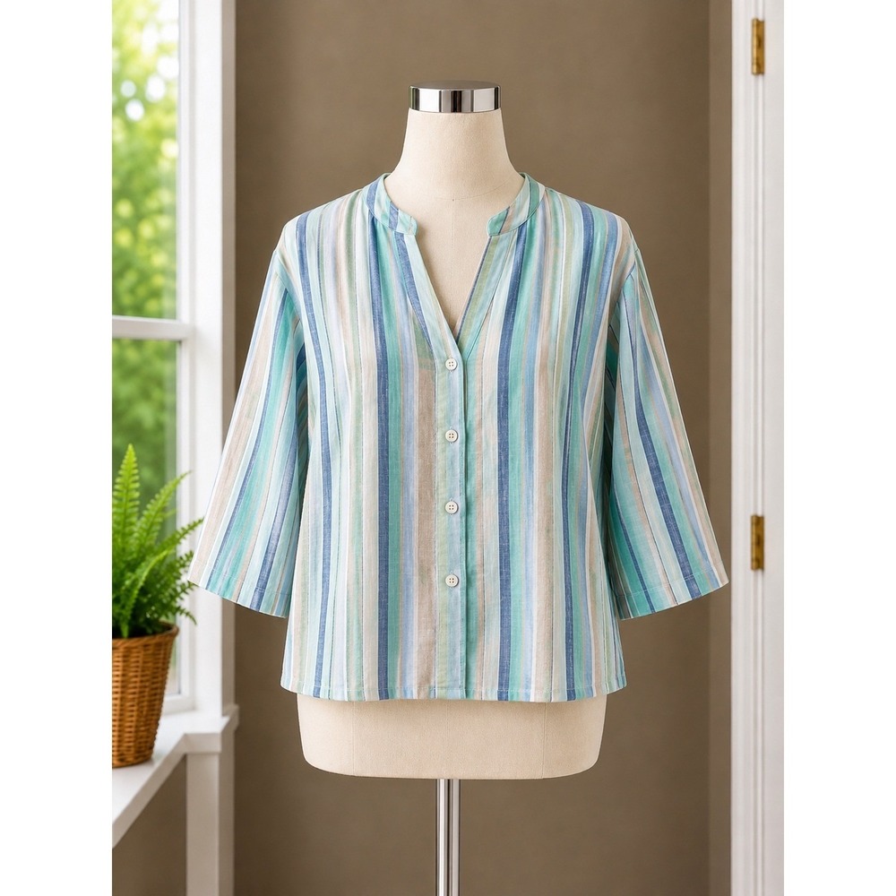 Linen Crazy Horse Liz Claiborne Linen Blend Striped Button Top Teal Blue Large